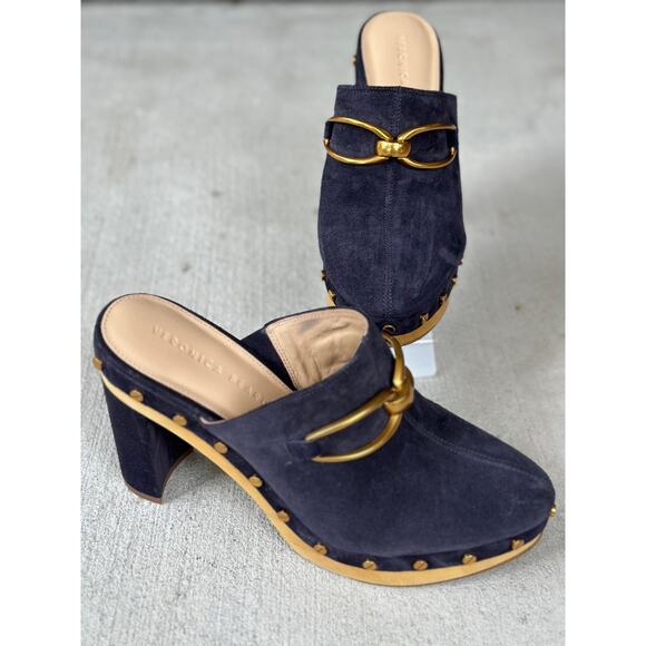NWOT Veronica Beard Women’s 8.5M Giles Clogs Navy Suede Leather Platform Mules - Picture 4 of 11